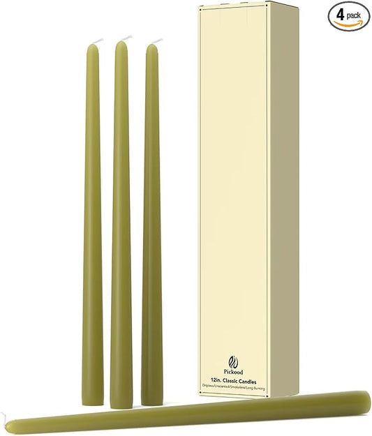12-Inch Tall Dripless Taper Candles Set of 4 - Olive Green Tapered Candles, Perfect for Halloween - Smokeless, Unscented, Long Burning - Hand Poured, Colored Tall Candlesticks - Oliva
