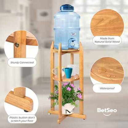 Natural Solid Wood Water Dispenser Stand (32.8"Hight-11.2"Wide) Ceramic Water Dispenser Floor Stand, 5 Gallon Water Jug Stand with 2 Round Shelfs Included for 1-5 Gallon Water Bottles/Crocks/Water Jug