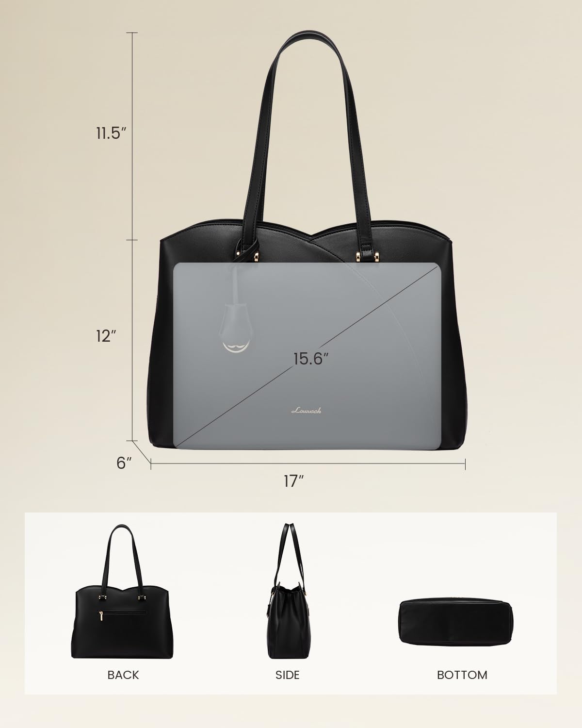 LOVEVOOK 17 Inch Laptop Tote Bag for Women, Work Bags Laptop Bag Teacher Tote Bag, Leather Computer Bag Large Purses Handbag Professional Briefcase, Black