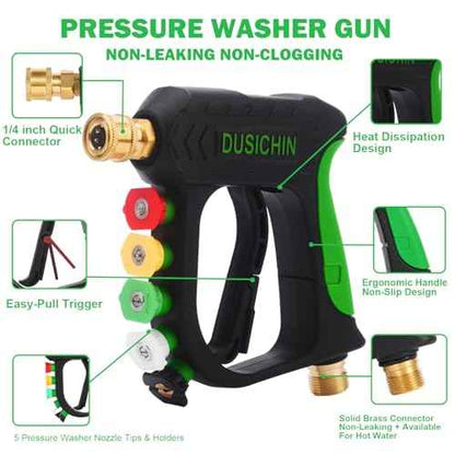 DUSICHIN Short Pressure Washer Gun Foam Cannon Nozzle Dual Connector Shift Valve, Car Wash Foam Cannon Kit 1/4 Inch Quick Connector, 5 Pressure Washer Nozzle Tips,Double Tip Attachment For Soap Cannon