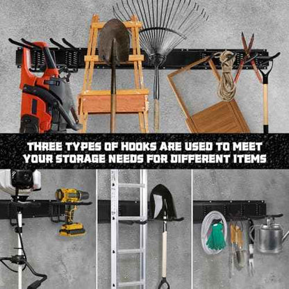 11Pcs Garage Wall Mount Tool Storage Rack - Adjustable Garden Tool Storage Hooks, Heavy Duty Utility Shed Organization Rack for Hanging Rake, Broom, Mower, Snowboard and Other Yard Tool