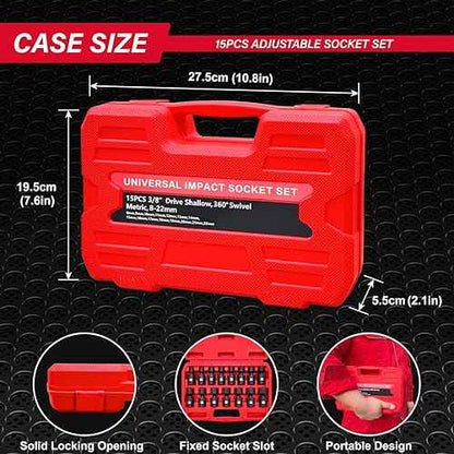 Universal Swivel Impact Socket Set, Premium Cr-Mo Steel | 15-Piece Metric 8mm - 22mm Set | 6 Point | 3/8-Inch Drive