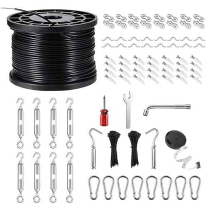 String Light Hanging Kits, 450FT Coated Stainless Steel 304 Wire Rope, Outdoor Black Guy Wire kit w/Expansion Hook, Enough Accessories, Humanized Collocation