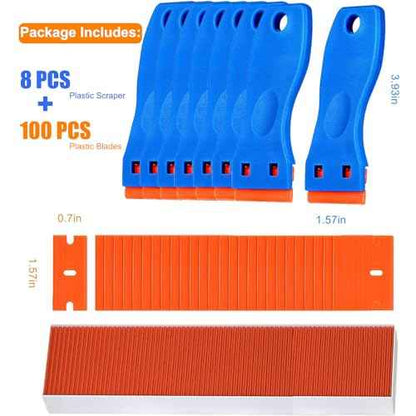 8 Pcs Plastic Razor Blade Scraper and 100 Pcs Blades, Remove Label Decal Tool£¬ Forwithout Scratches Plastic Razor Blade Scraper, Adhesive Remover for Stickers, Kitchen Appliances and Paints on Window