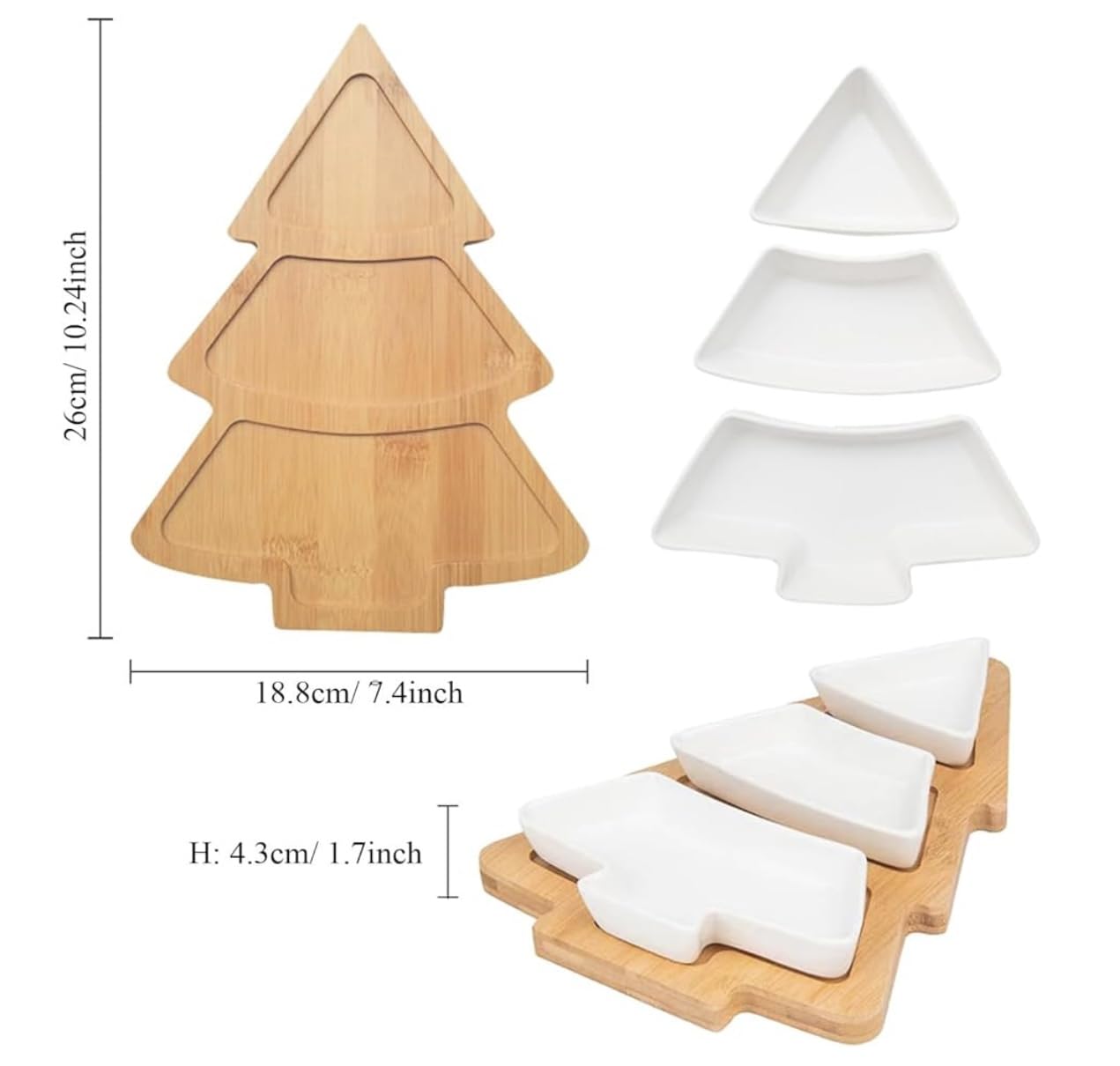 “Christmas Tree Shaped Serving Tray – 3 Tier White Ceramic Plates with Bamboo Stand – Holiday Snack & Dessert Display Platter”