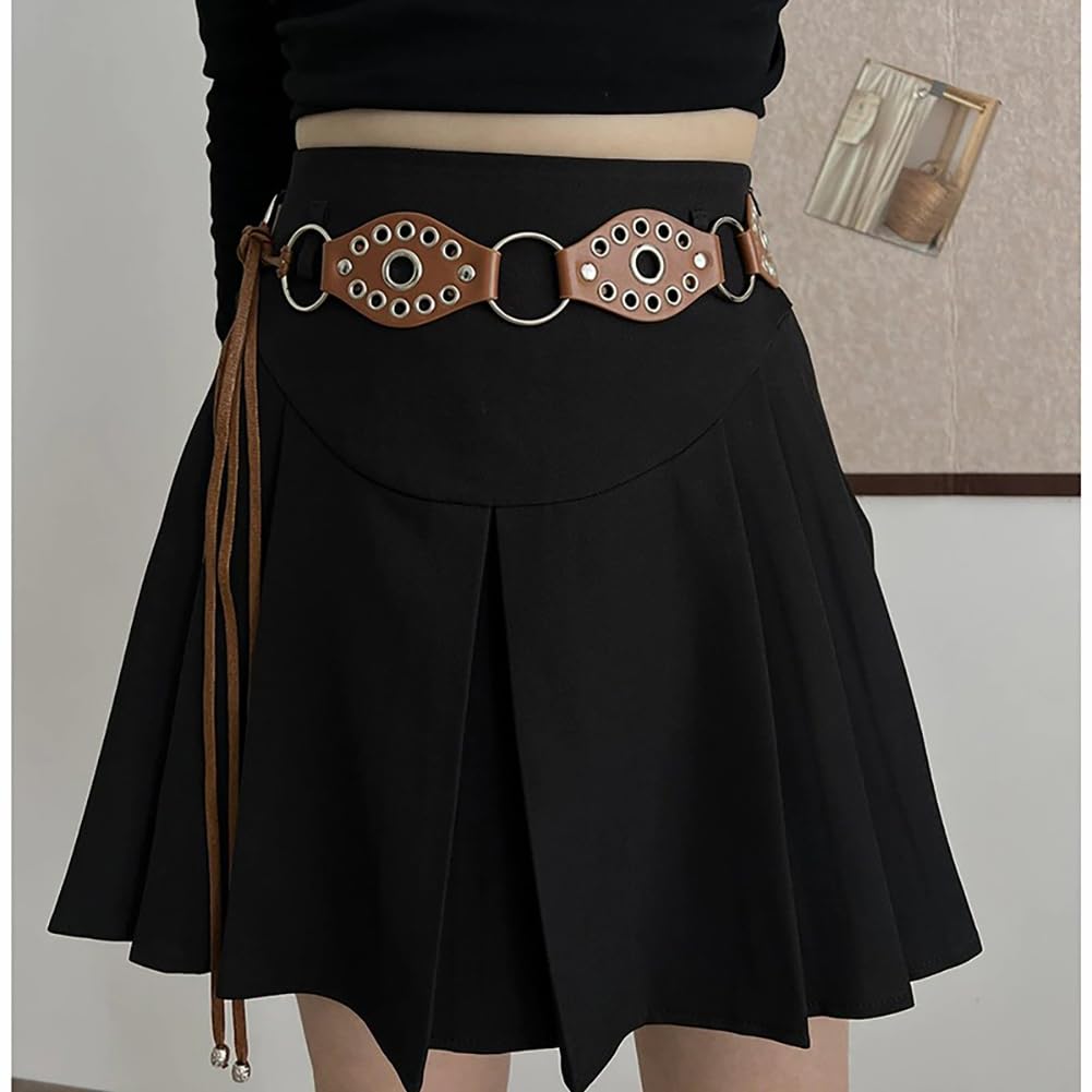 Buywis Women Knotted Waist Belt Punk Rivet Ring PU Leather Belts Bohemian Style Tassel Belt for Dresses Brown Fit Waist 27.6"-36.6"