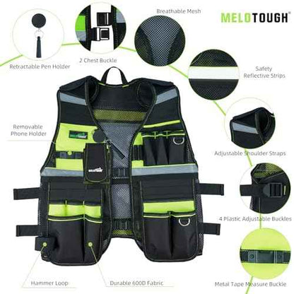 MELOTOUGH Tool Vest Reflective Safety Tool Vest with Removable Phone Holder,Retractable Pen Holder for Electrician,Carpenters,Construction(Lime)