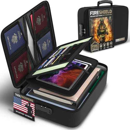 FIRESHIELD PRO 5200¡ÆF Fireproof Document Box with Lock ? Fire Safe Organizer with Laptop, Tablet & Cards Pockets ? Water Resistant, Multi-Pocket Storage for Travel, Home or Office ? 15" x 11" x 4.1"