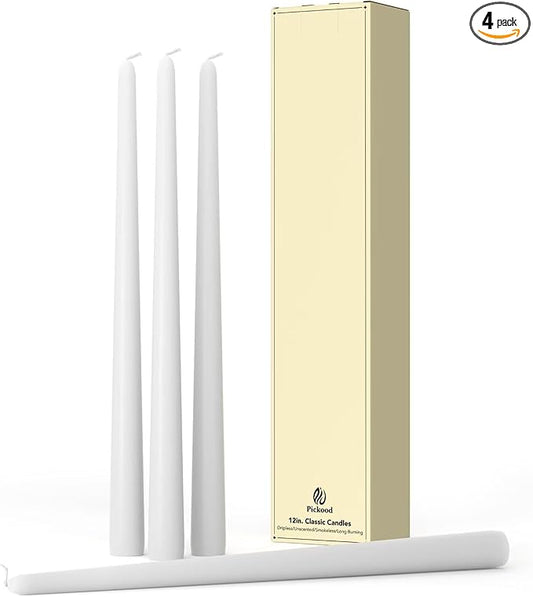 12-Inch Tall Dripless Taper Candles Set of 4 - White Tapered Candles, Perfect for Wedding,Dinner - Smokeless, Unscented, Long Burning - Hand Poured, Colored Tall Candlesticks - Blancas