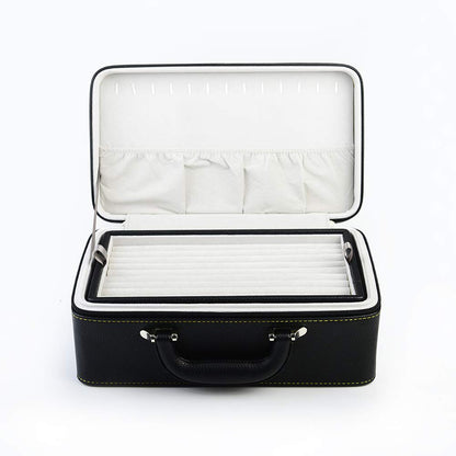Oirlv Black Leather Jewelry Box Handmade Travel Jewelry Organizer Storage Case Holder For Girl Lady Earring,Ring,Necklace,Pendant,Watch,Bracelet.(3 layers)