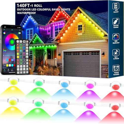 140FT Permanent Outdoor RGB Lights - IP67 Waterproof with Smart App Control Remote, DIY Scene Modes, Music Synchronization, Eaves Lights for Garden Decor, Deck, Party, Party,Roof