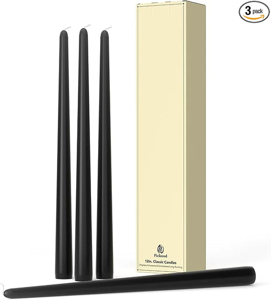 12-Inch Tall Dripless Taper Candles Set of 4 - Black Tapered Candles, Perfect for Halloween - Smokeless, Unscented, Long Burning - Hand Poured, Colored Tall Candlesticks - negras
