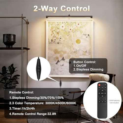 9W Picture Light Plug in, 24" Adjustable LED Art Light with Remote Control, Dimmable Wall Light for Picture Display Dartboard Art Work (Black)