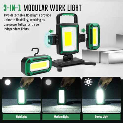 50W 5000LM Rechargeable Work Light, 3-in-1 Magnetic Work Light with Detachable 2 Floodlights, 9 Modes, Foldable&360¡Æ Rotatable IP65 Portable LED Worklight with Hooks for Jobsite Garage Car Repairing