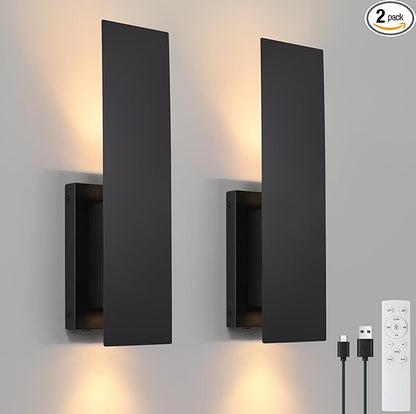 Black Wireless Wall Sconces Set of Two,3000K Warm White Battery Operated Wall Sconce with Remote,USB Rechargeable LED Wall Lights for Living Room Bedroom Hallway