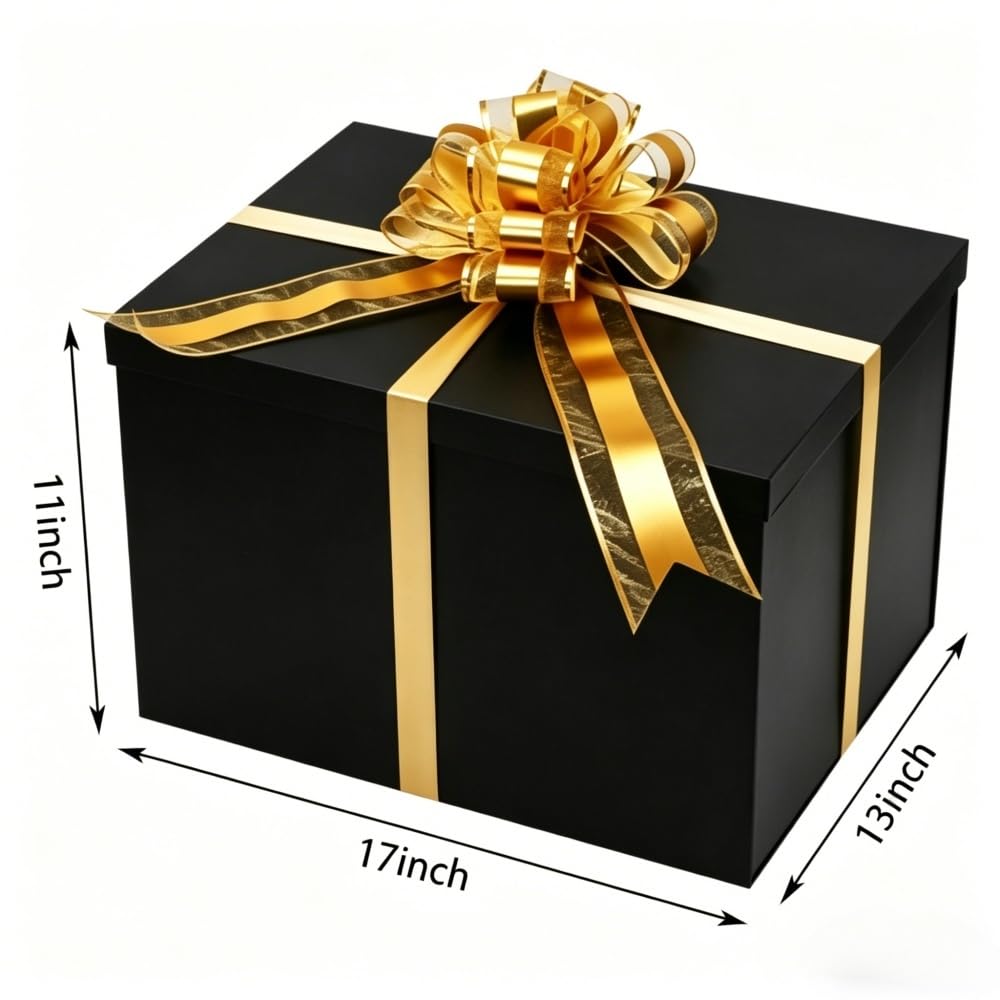 UoeRing Black Extra Large Gift Box 1Pcs 17x13x11 inch,luxury Gift Box with Lid for Birthday Christmas Valentine's Day Mother's Day (Contain Pull Bows,Card,Envelope,Filler)