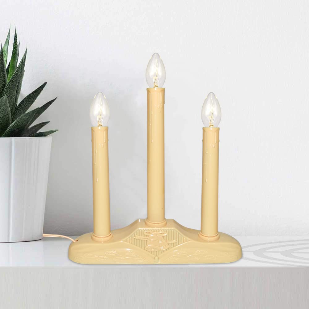 Oviejo 3 Light Christmas Window Candles, Electric Window Candle Lamp Lights Plug in Christmas Candle Lamp with 4 C7 Clear Bulbs (1 Spare Bulbs), Ivory Bases Plug in Candle for Decorations