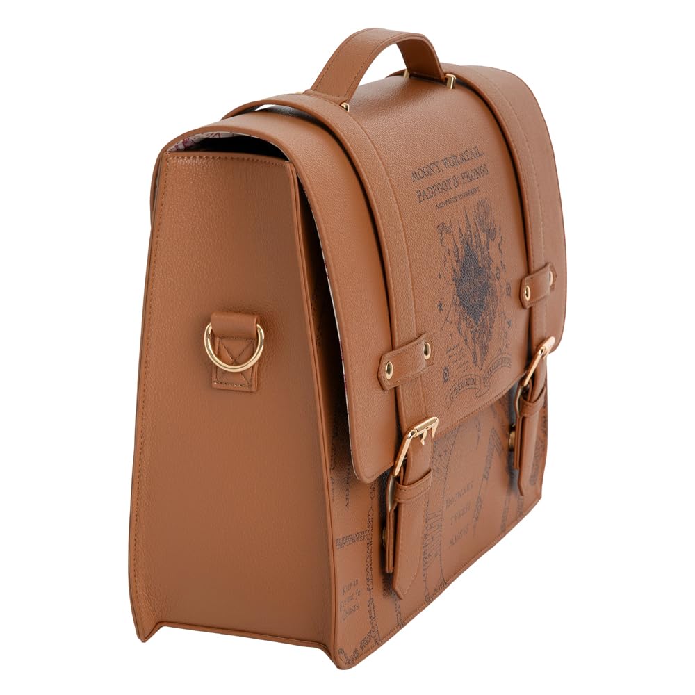 ConQuest Journals Harry Potter Marauder's Map Satchel, Vegan Leather Messenger Tote Bag, 50'' Crossbody Strap & Top Handles, Snap Buckle Closure, 2 Inside Pockets, 11'' x 15'', Officially Licensed
