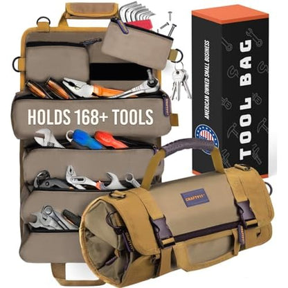 TOUGHEST Roll Up Tool Bag Organizer - 7 Pouches (3 Detachable) Compact Portable Tool Storage Box - 1680D Waterproof Small Tool Bag for Car - Gifts for Dad Mechanic Electrician