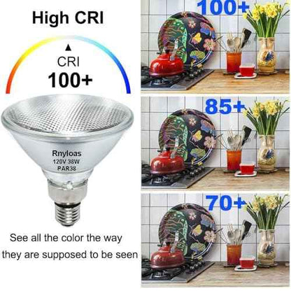 4 Pack Long Lifespan PAR38 Flood Light Bulb, Dimmable 38W 120V, High Output 400LM, Warm White, E26 Base, Indoor/Outdoor