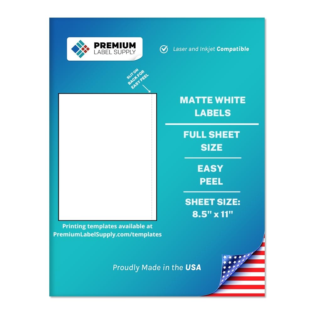 Premium Label Supply White Sticker Full Sheet Shipping Labels – 8.5" x 11" – Laser/Inkjet Compatible – (1 per Sheet), 25 Sheets - Letter Size