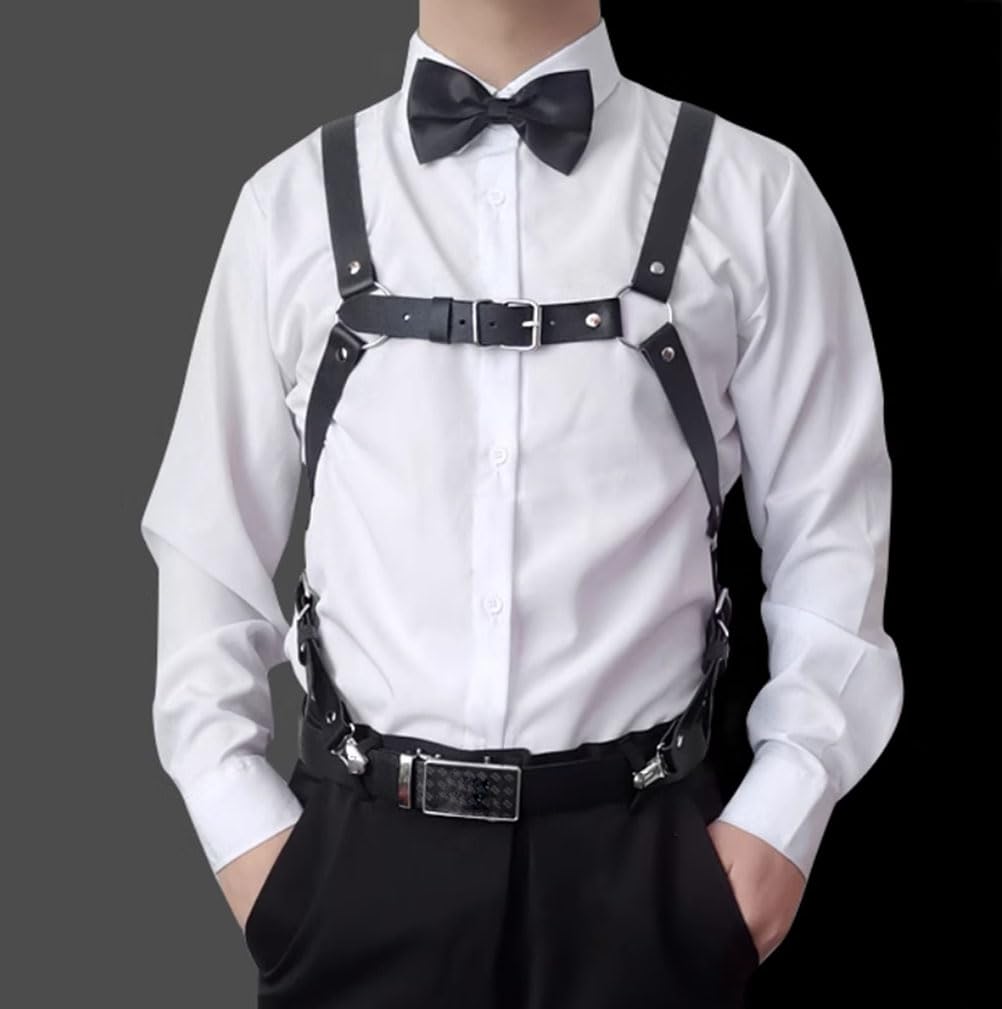 Mens Black Leather Armors Suspenders Shoulder Strap Body Chest Harness Chain Belt Adjustable Gay Punk Clubwear Costume