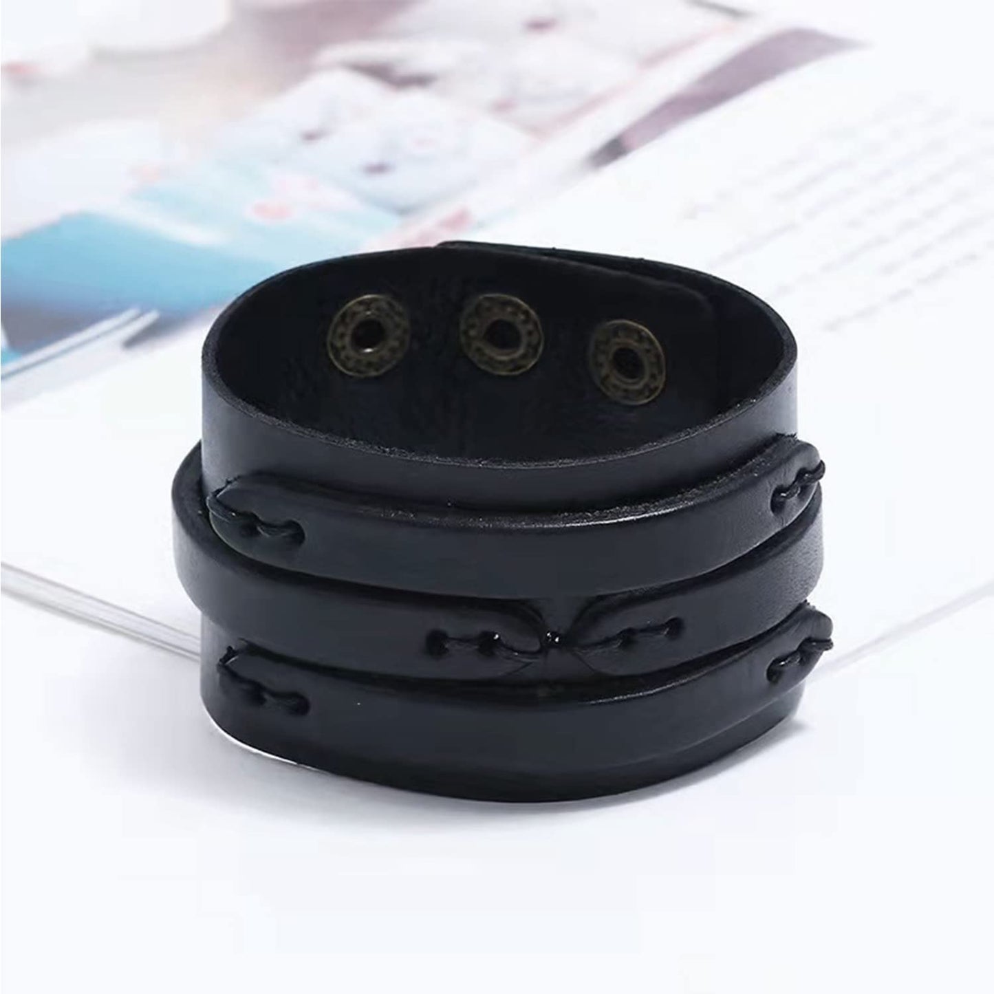 NIGHTCRUZ Punk Leather Cuff Bracelet, 2PCS Vintage Leather Wristband for Men Women