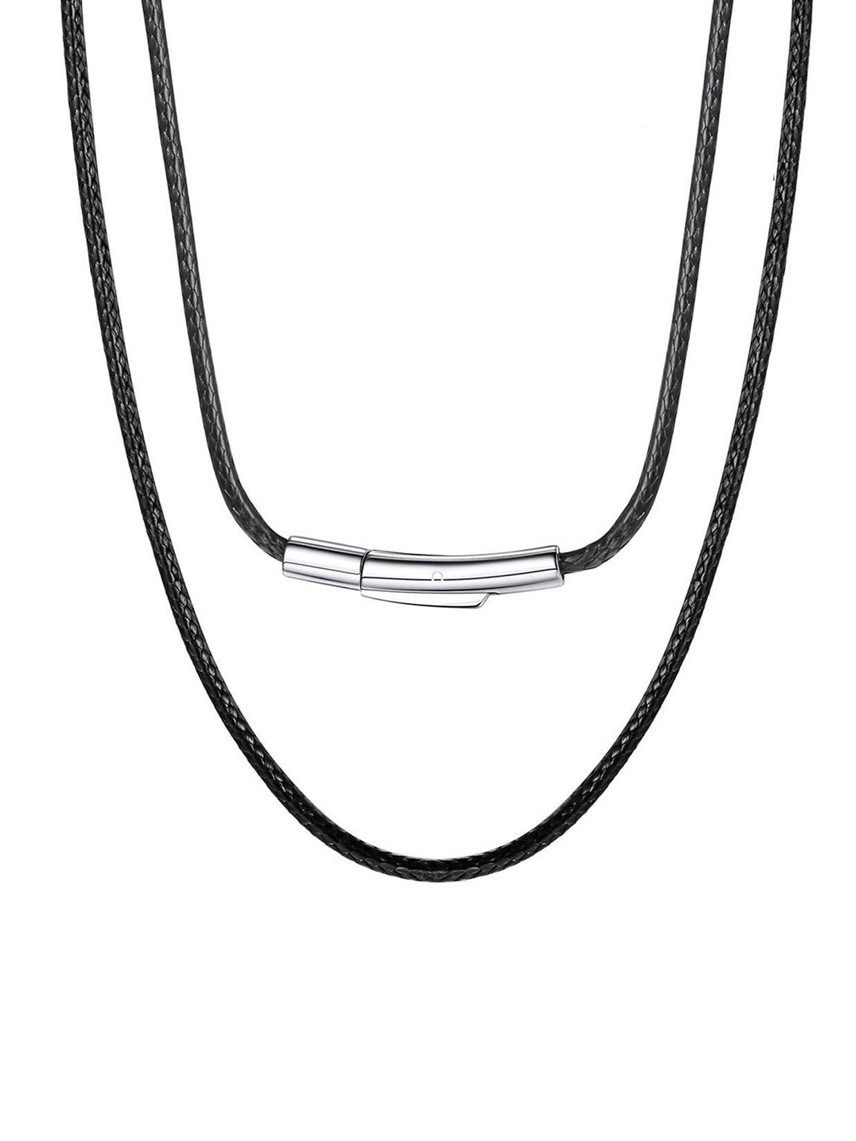 ChainsPro Leather Necklace Cord for Men, Black/Brown Waterproof Braided Wax Rope Chain with Stainless Steel Snap Clasp, 1.5/2/3mm Width Leather Cord Chain with Length 16"-30", Send Gift Box