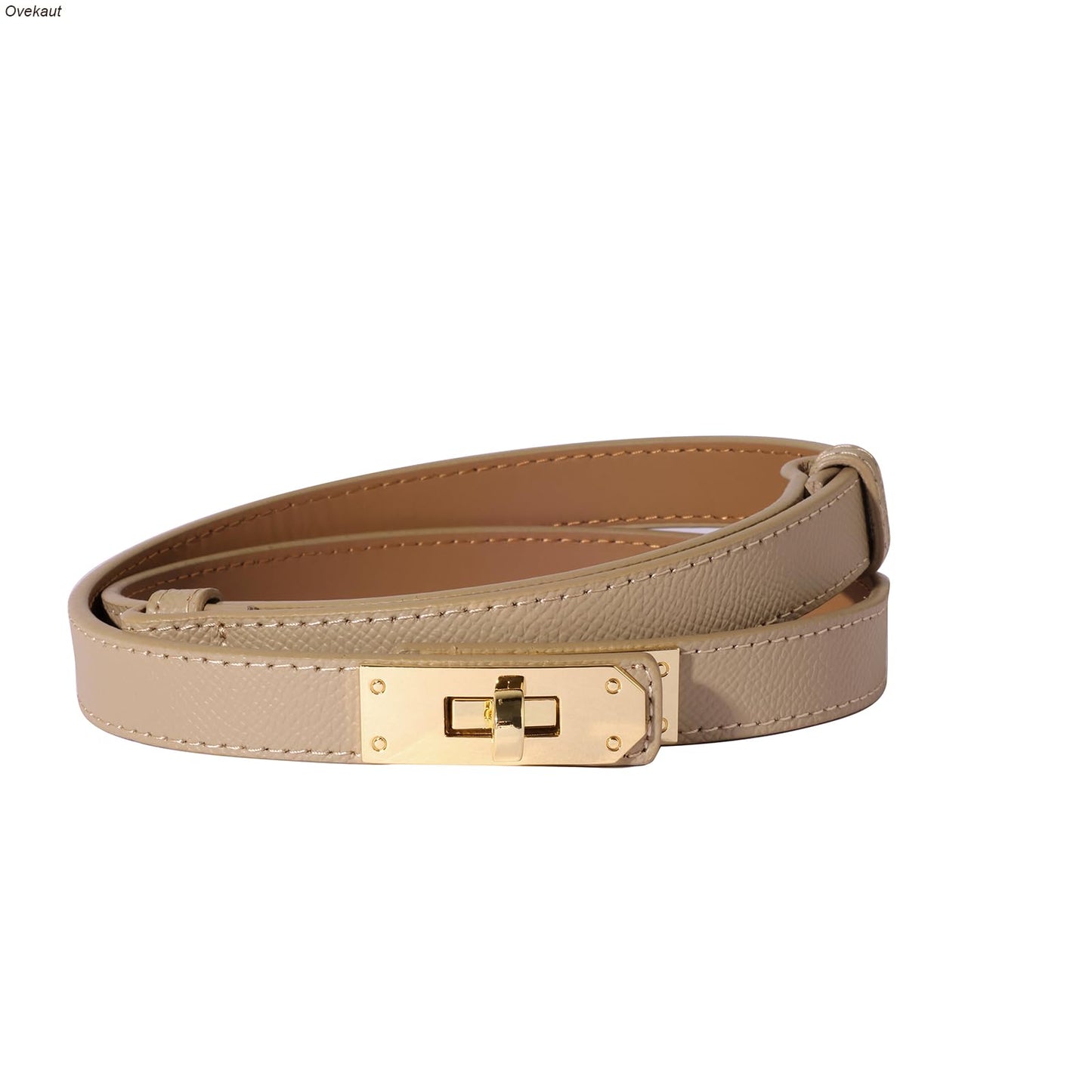 Ovekaut Women Skinny Leather Belt,Solid Color Alloy Turn Lock Adjustable Belt,Ideal for Dresses Jeans Coats Belt (Shallow Khaki/Gold)