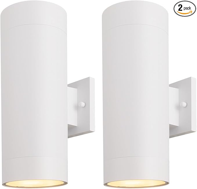 mirrea 14" Modern Outdoor Porch Light Patio Light in 2 Lights with Aluminum Cylinder and Tempered Glass Cover Waterproof Wall Sconce 2 Pack (Matte White)