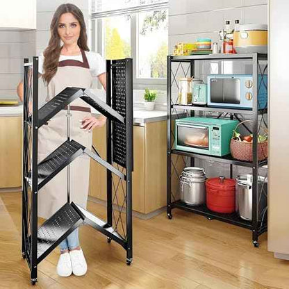 4-Tire Storage Shelves Organizer, Foldable Metal Garage Shelving, Portable Closet Shelving Unit, 28" x 13" x 48" Kitchen Bakers Rack Microwave Stand on Wheels (Tiered Shelf-4)