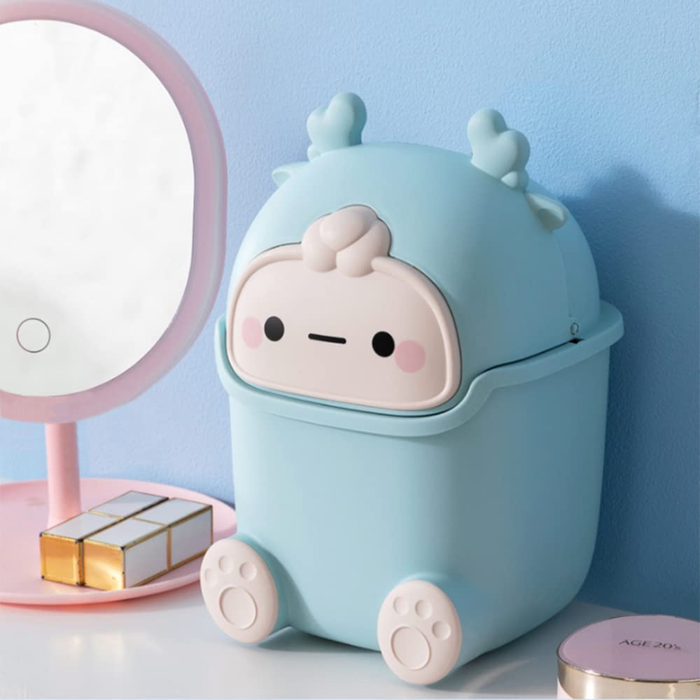 QLFJ-FurDec Cute Desktop Trash Can Wastebasket with 90 Trash Bags, Creative Tiny Countertop Garbage Can with Flip Lid, Small Plastic Storage Bin for Bedroom, Bathroom, Kitchen, Office(Sky Blue)