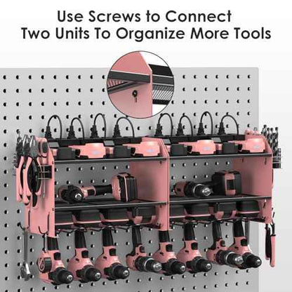 CCCEI Modular Power Tool Organizer Wall Mount with Charging Station. Garage Drill Storage Shelf with Hooks, Heavy Duty Rack, Tool Battery Holder Built in 8 Outlet. Gift for Men. Pink, 1 Pack.