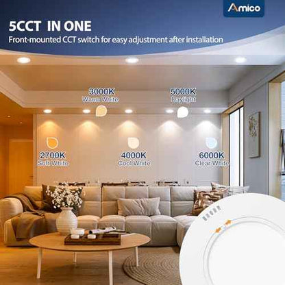 Amico 5/6 inch 5CCT LED Recessed Lighting 6 Pack, 12W=100W, 950LM Adjustable Can Lights, 2700K/3000K/4000K/5000K/6000K Selectable, Dimmable, IC & Damp Rated, Retrofit Installation - ETL & FCC