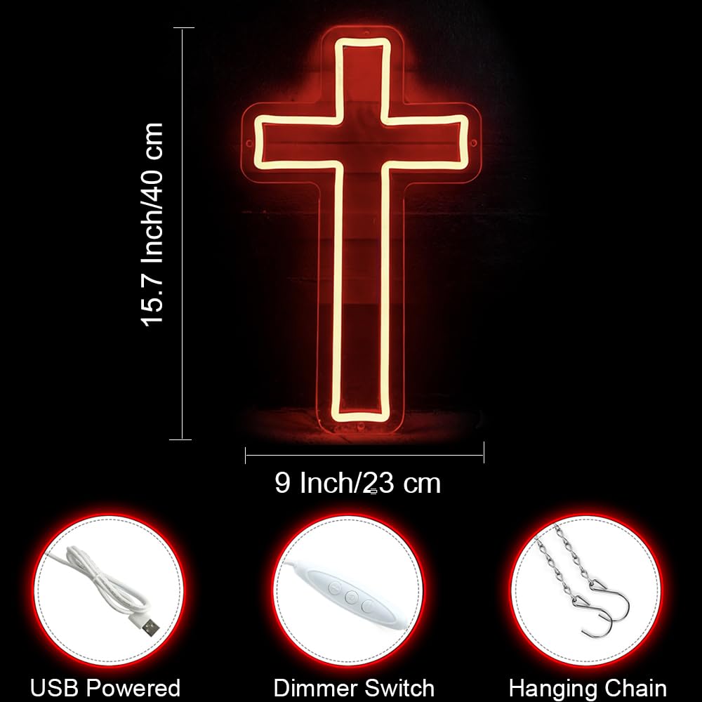 Jesus Cross Neon Sign Red Led Cross Lights Wall Decor Art Lamp Light-Upside Down Light Up Sign for Home Bedroom Christian Religious Room Easter Christmas