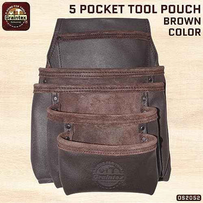 Graintex OS2052 5 Pocket Oil Tanned Nail & Tool Pouch Dark Brown Color for Constructor/Electrician/Plumber
