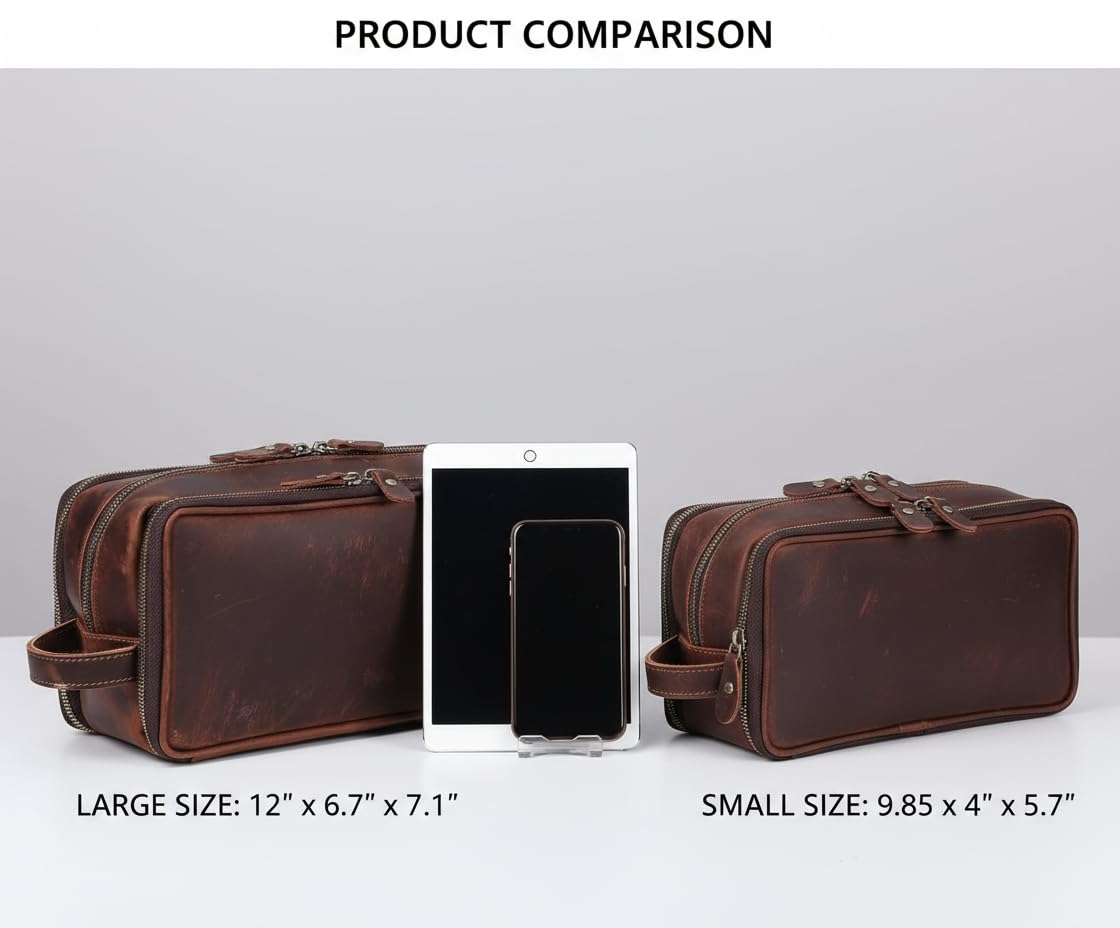 RC ROCKCOW Personalized Leather Toiletry Bag for Men Travel Shaving Dopp Kit-Large Cosmetic Bags Toiletries Bathroom Organizer