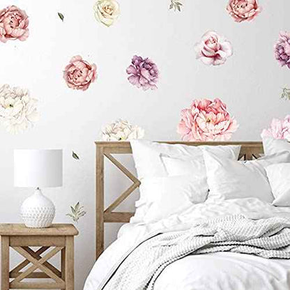 Large Floral Wall Decals, 15 Peonies Flower Set Stickers for Bedroom, Living Room, Nursery, Elegant Floral Decals for Home Decor, Boho Botanical Style