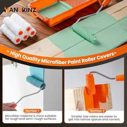 9 Pcs 4 Inch Small Paint Roller Kit with Microfiber Paint Roller Covers, Paint Tray with Liner, Mini Paint Roller for Painting Wall, Door, Cabinet