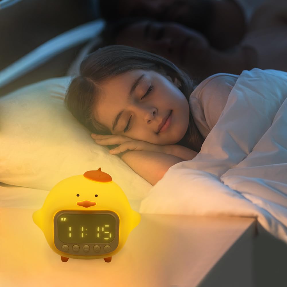 LVOERTUIG Cute Duck Alarm Clock for Kids, Digital Clock, Night Light, Children's Wake Up Lamp, Silicone Rechargeable Alarm Clock Lamp for Bedroom Decor, Birthday Gift (Yellow)
