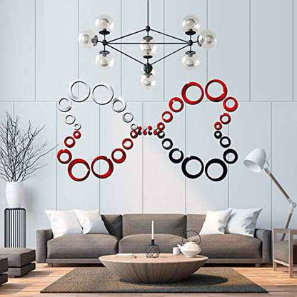 Outus 72 Pieces Wall Stickers Decor Acrylic Circle Mirror Removable Red and Black Wall Decor Round Dots Bulk DIY Red Living Room Decals Modern Art Murals for Home Bathroom Bedroom Decoration