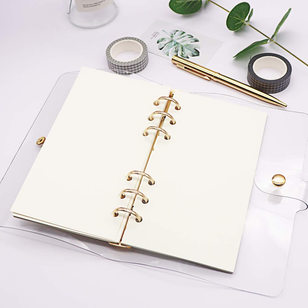 NatSumeBasics Clear A6 Binder Cover Gold 6 Rings 4"x7" Notebook Shell Protector Refillable Loose Leaf PVC Folders Soft Binding Accessories Supplies (Gold A6 Binder)