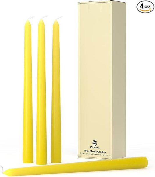 10-Inch Tall Dripless Taper Candles Set of 4 - Yellow Tapered Candles, Perfect for Spring - Smokeless, Unscented, Long Burning - Hand Poured, Colored Tall Candlesticks - Light Yellow