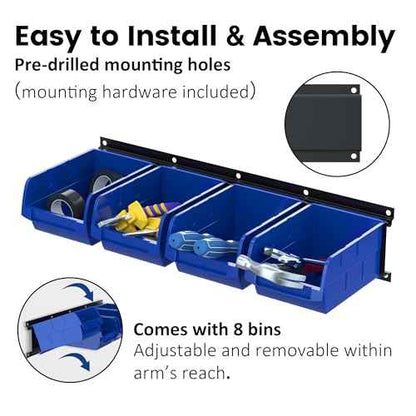 UNITEDPOWER wall mounted garage storage bin, Parts Rack, Plastic Hanging Stackable Storage Bin, Hardware Tool Organizer for workshop, Craft Room, school and Shop, 8 Bins&2 Rails (Blue), Large