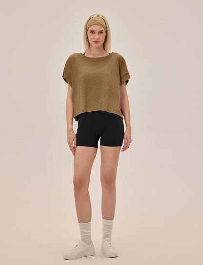 UNIANKIYA Open Back Workout Tops for Women Loose Fit Athletic Crop Tee Short Sleeve Gym Running Yoga Shirt Brown