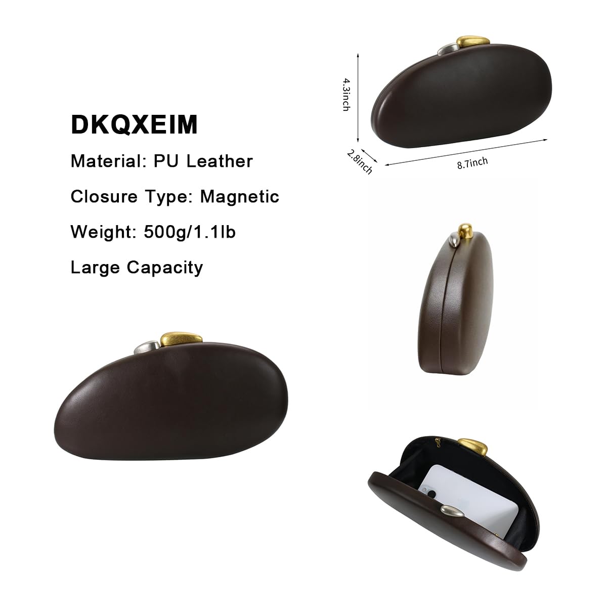 DKQXEIM Women Trendy Faux Leather Shell Evening Bag Metallic Closure Vegan Clutch Chain Strap Crossbody Bag for Casual Party Brown