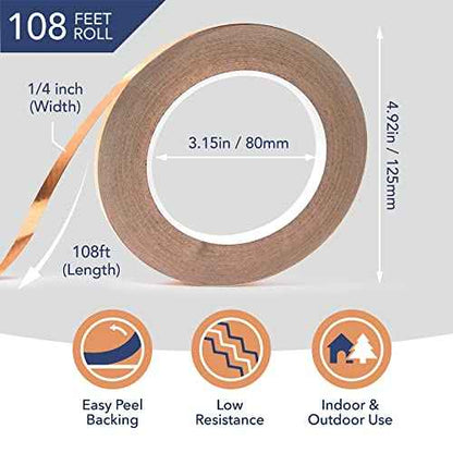 Kraftex Copper Tape [1/4" x108ft, 2PK] ? Copper Foil Tape for Stained Glass, DIY Crafts, Guitar Shielding, Slug Control & Faraday Projects