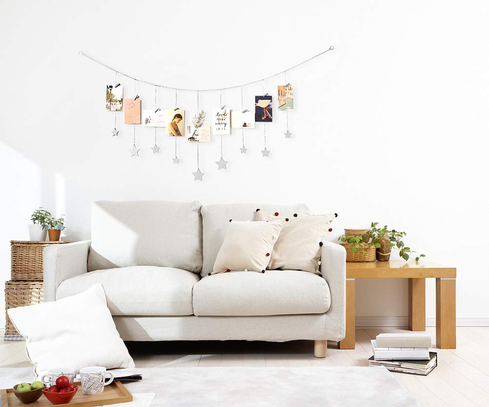 Mkono Hanging Photo Display Boho Decor Wooden Stars Garland with Metal Chains, Pictures Cards Holder with 25 Wood Clips, Wall Art for Christmas Living Room Bedroom Dorm Decor, Teen Girls Gift, Silver