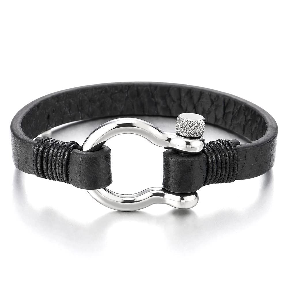 COOLSTEELANDBEYOND Nautical Anchor Black Leather Bracelet for Men and Women, Stainless Steel Screw Shackle, Leather Wrap Wristband, Sailing, Maritime, Ocean-Inspired Jewelry