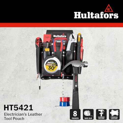 Hultafors Work Gear HT5421 Electrician's Premium Leather Tool Pouch, Molded Front Pockets, Tape Chain, Metal Tool Clip, Leather Hammer Loop